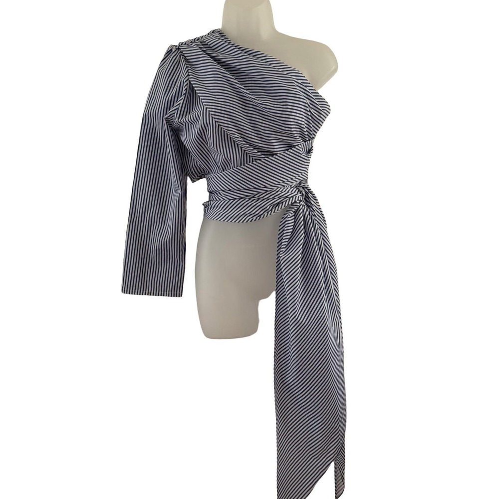 STYLE MAFIA Blouse Womens Medium Blue Stripe One Shoulder Wrap Belted Asymmetric